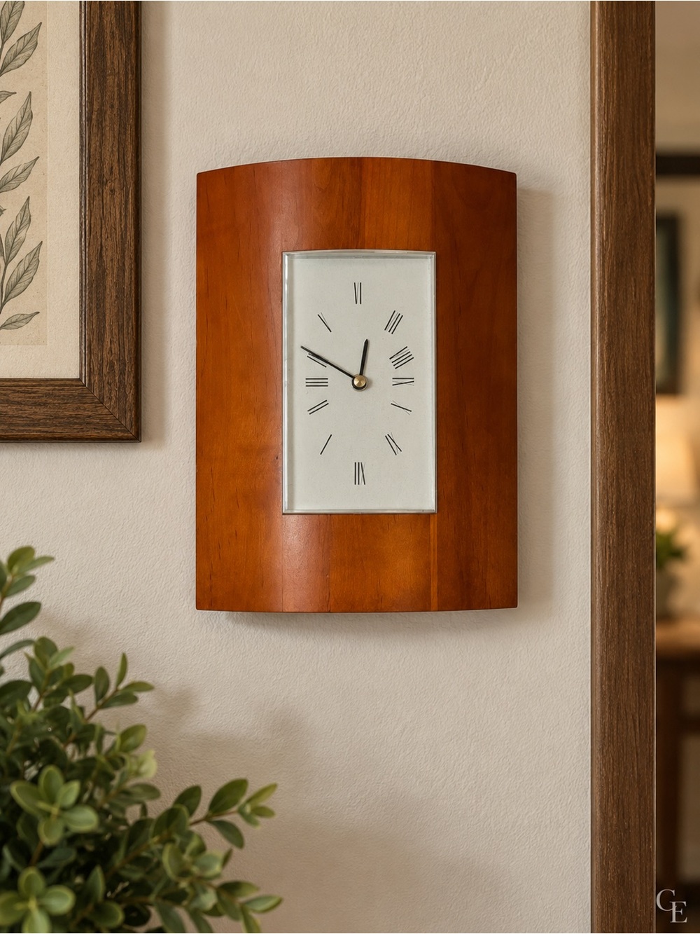 Cherry Wood Rectangular Wall Clock with Gold Accent